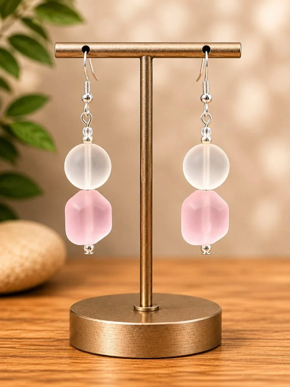 White & Pink Sea Glass Drop Earrings | Handmade